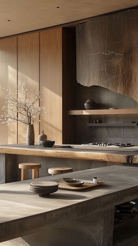 Modern Kitchen Concrete Countertops, Insane Kitchens, Raw Materials Interior, Wabi Sabi Kitchen Cabinets, Wabi Sabi Tv Wall, Wabi Sabi Wardrobe, Wabi Sabi Kitchen Design, Wabi Sabi Kitchen Inspiration, Wabi Sabi Interior Kitchen