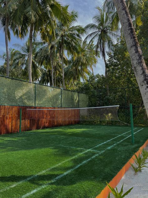 maldives, volleyball court Volleyball Court At Home, House Volleyball Court, Outside Volleyball Court, Volleyball Court In House, Outdoor Badminton Court, Small Tennis Court Backyard, House With Volleyball Court, At Home Pickleball Court, Volleyball Net Aesthetic