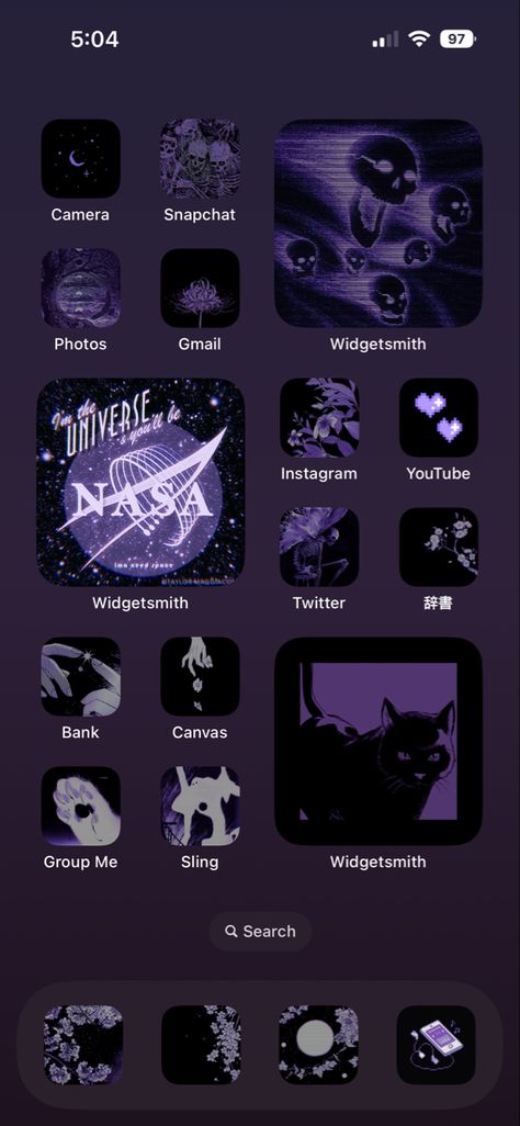 Cool Phone Screen Ideas, Phone Themes Aesthetic Purple, Iphone Themes Aesthetic Purple, Purple Themed Phone Layout, Widget Iphone Aesthetic Ideas Purple, Theme For Iphone App, Phone Themes Purple And Black, Ios 16 Home Screen Ideas Dark Purple, Ios Layout Aesthetic Purple