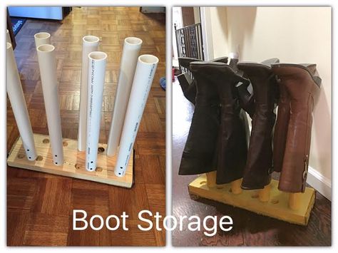 This was a prototype that my hubby and I came up with to store my boots.  It is not pretty but does the trick!  Made with things we already had around the works… Boot Storage Diy, Deep Closet, Boot Organization, Craft Supply Storage, Used Cabinets, Baskets For Shelves, Boot Storage, Pvc Pipes, Wood Scraps