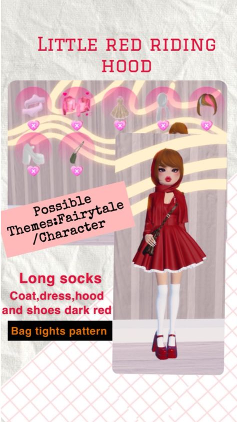 Dress to impress outfit idea Little Red riding hood! Fairy Tale Characters, Patterned Tights, Fairytale Dress, Little Red Riding Hood, Red Outfit, Red Riding Hood, Outfit Idea, Cute Drawings, Dress To Impress