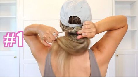 This guide shares 4 cute hat hairstyles. Learn some baseball cap hat hairstyles in this step-by-step tutorial. Ponytail Styles With Hat, Hairstyle With A Hat Baseball Caps, Bun For Hat, Hair Up With Baseball Hat, Hair Up With Hat Style, Hat Ponytail Hack, Ponytail For Hats, Hair In Ball Cap Style, Hairstyles When Wearing A Hat