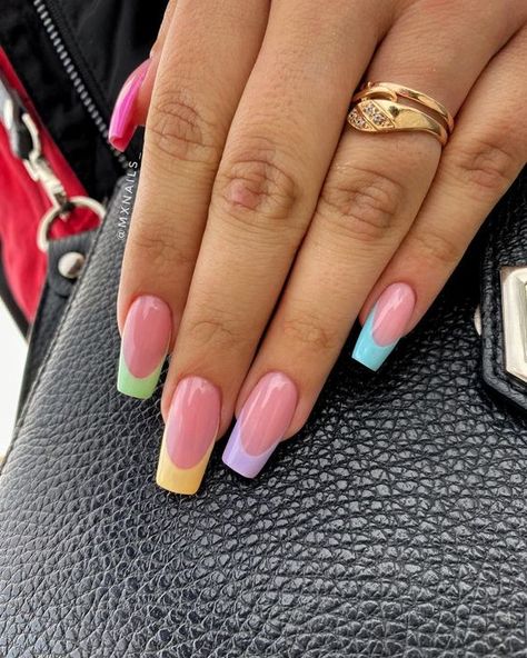 French Tip Nails 2023, Colored French Tip Nails, Square Oval Nails, Rave Nails, Spring Acrylic Nails, Square Nail Designs, French Tip Acrylic Nails, Acrylic Nails Coffin Short, Square Acrylic Nails