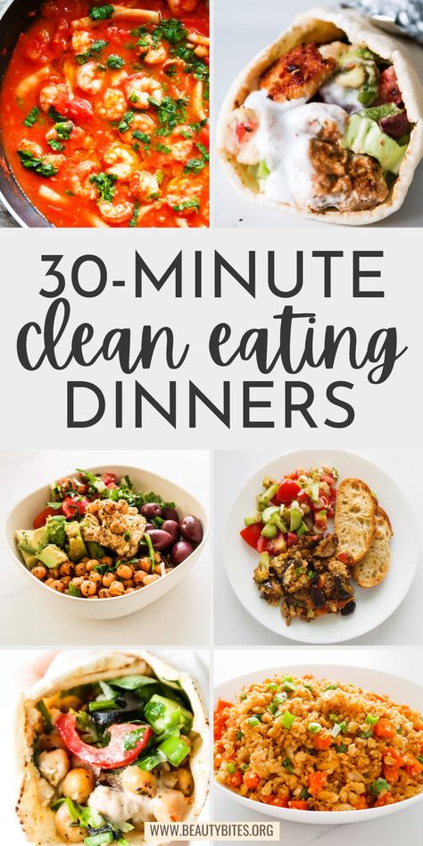 Looking for some easy healthy dinner recipes that aren’t chicken with broccoli? These healthy meal ideas will help you get your clean eating dinner ready in less than 30 minutes. This list features healthy chicken recipes, easy seafood and salmon recipes, healthy fried rice options, healthy Mediterranean diet recipes, healthy ground beef recipes and delicious vegetarian and vegan dinner recipes! Healthy Dinner Options Clean Eating, Healthy Non Meat Meals, Dinner Diet Ideas, Easy Nutritional Meals, 5 Ingredients Or Less Recipes Healthy, Dinner On A Diet, Easy Meals Healthy Clean Eating, Clean Eating Meals Easy, Nonfat Dinner Recipes