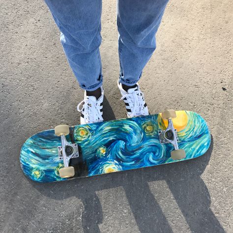 #art #ideas #create #artist #vangogh #skateboard Painting Ideas On Skateboard, Skateboard Paint Ideas, Bottom Of Skateboard Painting Ideas, Paint Skateboard Ideas, Skateboard Custom Paint, Skateboard Art Ideas, Painted Skateboard Ideas, Customized Skateboards, Skateboard Design Ideas Art