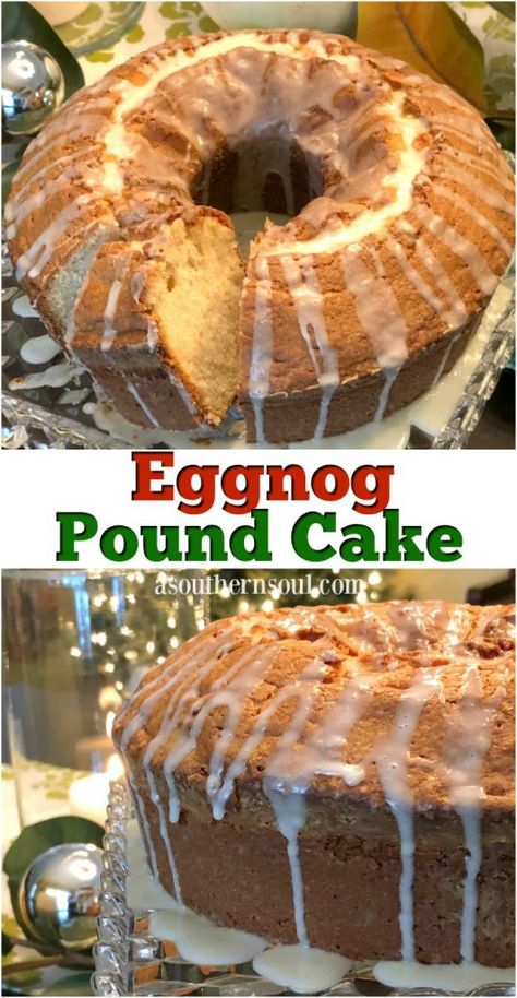 Pound Cake Southern Living, Easy Eggnog Cake, Rompope Recipe, Eggnog Pound Cake Recipe, Eggnog Pound Cake, Eggnog Cake Recipe, Eggnog Glaze, Eggnog Dessert, Eggnog Cake