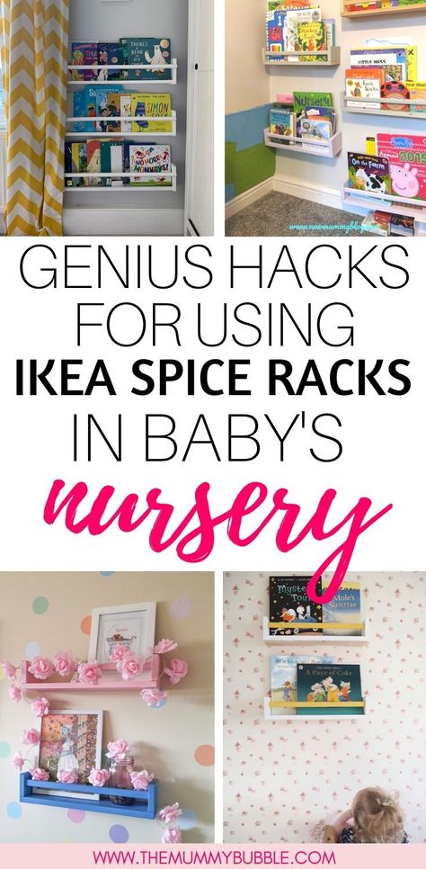 Genius hacks for using IKEA spice racks in baby's nursery. Tips for adding an inexpensive but very flexible piece of storage to your baby's nursery #nurseryinspo #nursery #baby Spice Rack Hack, Nursery Tips, Ikea Nursery Hack, Nursery Hacks, Ikea Bekvam, Ikea Spice Rack, Ikea Desk Hack, Ikea Nursery, Baby Nursery Inspiration