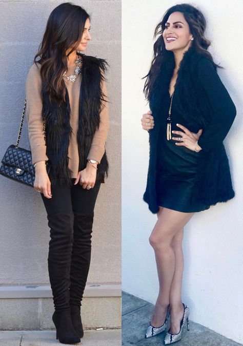 How to Style a Fur Vest - Hey Nasreen Hey Nasreen, Black Fur Vest Outfit, Faux Fur Vests Outfits, Fur Vest Outfit, Mink Vest, Fur Vest Outfits, Black Fur Vest, Fox Fur Vest, Vest Outfit