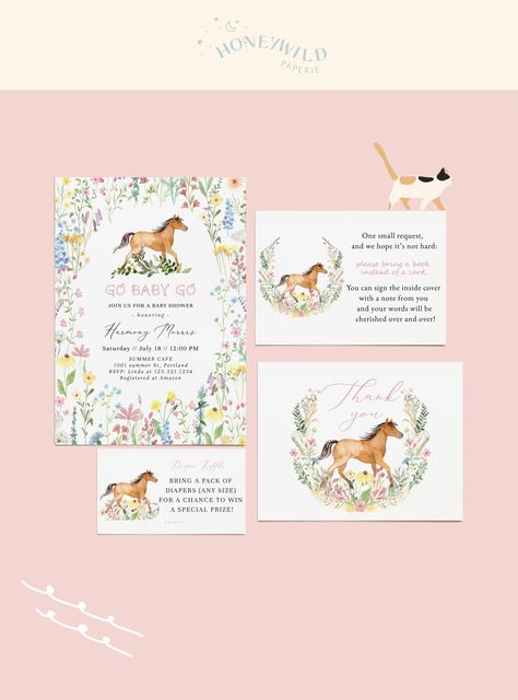 Floral and Horse Baby Shower Small Bundle Set, Go Baby Go Girl Baby Shower Invitation Package Templates, Fully Editable#S246 Horse Theme Baby Shower Ideas, Horse Baby Shower Theme, Horse Baby Shower Ideas, Horse Baby Shower, Kate Baby, Horse Birthday Parties, Horses Theme, Cute Ponies, Horse Birthday