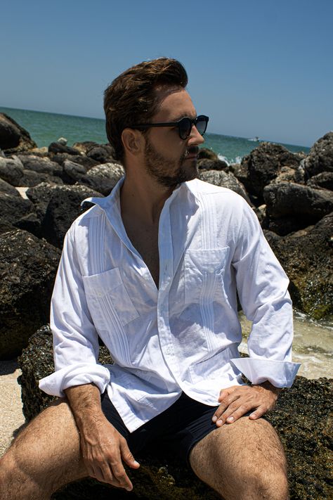 Guayabera Outfit, Outfit For Beach, Cuban Guayabera, Guayabera Shirt, Refined Fashion, Coastal Elegance, Modern Gentleman, Beach Ready, Pocket Shirt