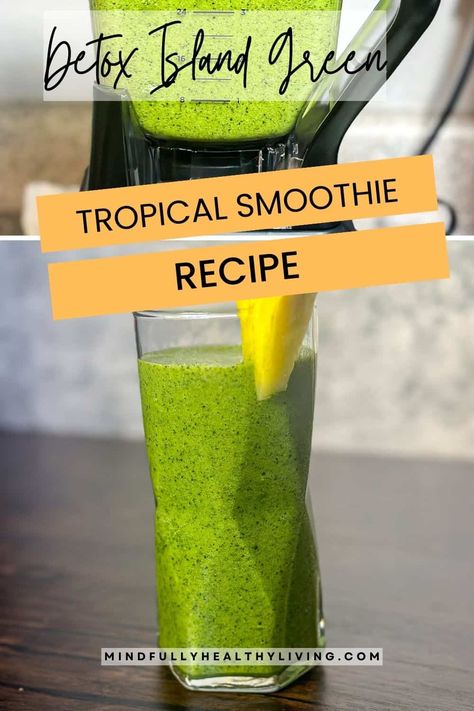 This copycat recipe offers a healthy diet option that tastes just like Tropical Smoothie Cafe's Detox Island Green but with organic and nutritious ingredients Island Green Smoothie, Green Fruits And Vegetables, Healthy Smoothie Recipe, Tropical Smoothie Recipes, Tropical Green Smoothie, Tropical Smoothie Cafe, Dark Leafy Greens, Smoothie Packs, Tropical Smoothie