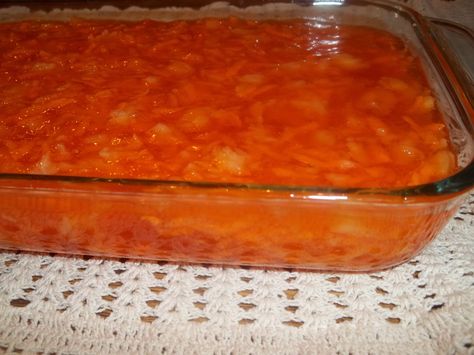 Orange Carrot Jello Salad (GF) on MyRecipeMagic.com.  Make this every year at Thanksgiving. Carrot Jello Salad, Carrot Pineapple Salad, Salad Pineapple, Jello Fruit Salads, Jelly Salad, Orange Jello Salads, Lime Jello Salads, Jello Mold Recipes, Congealed Salad