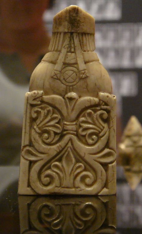 Lewis chessmen, back of bishop Carving Chess Pieces, Bishop Chess, Hand Carved Chess Pieces, Bishop Chess Piece, History Of Chess, Celtic Archeology, Vikings Statue, Medieval Games, Art Through The Ages