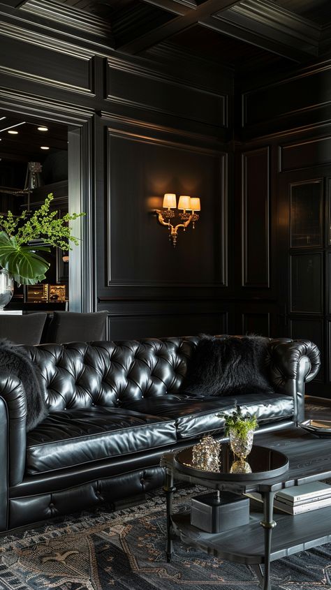 Black Lacquer Walls, Dark Gothic Living Room, All Black Interior Design, Speakeasy Design, Black Ceiling Tiles, Goth Living Room, Modern Mansions, Gothic Living Room, Black Interiors