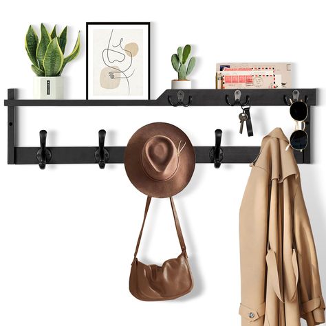 PRICES MAY VARY. PRACTICAL AND STYLISH: The appearance design of this wall-mounted coat rack is both fashionable and practical, and has applied for an appearance patent; It makes full use of the wall space at the entrance, can be matched with various decoration styles, adding an elegant touch to your space 4-IN-1 FUNCTION: It is not only a coat rack, but also a key holder and mail organizer, and it is also a storage and display wall shelf; You no longer have to worry about forgetting things when Foyer Hooks Entrance, Hat Hooks Wall Decor, Floating Shelf With Hooks, Backpack Hooks, Coat Hanger Wall, Entryway Organizer Wall, Coat Rack Wall Mount, Hallway Seating, Wood Entryway