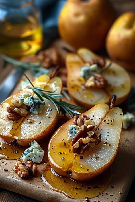 Walnut Blue Cheese Honey Pears Roasted Pears With Blue Cheese Walnuts And Honey, Walnut Blue Cheese Honey Pears, Baked Pears With Blue Cheese And Honey, Blue Cheese Stuffed Pears, Mushroom Orzo, Pan Dishes, Spinach Mushroom, Baked Pears, Roasted Pear