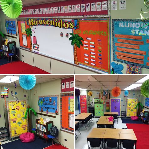 My colorful elementary Spanish classroom Dual Language Classroom Set Up, Basement Classroom, Spanish Classroom Door, Elementary Spanish Classroom, Bilingual Classroom Decor, Classroom Display Boards, Bilingual Kindergarten, Spanish Classroom Decor, Teaching Displays