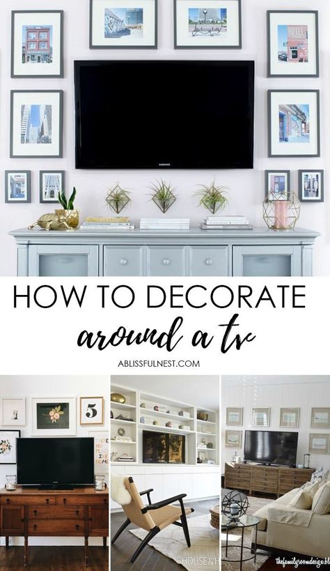 New tips and trends on how to decorate around a TV, visit http://ablissfulnest.com/ #interiors #designtips How To Decorate Around A Tv, Tv Gallery Wall, Decor Around Tv, Tv Wall Decor, Tv Wall Design, Tv Decor, Living Room Tv Wall, New Living Room, Living Room Tv