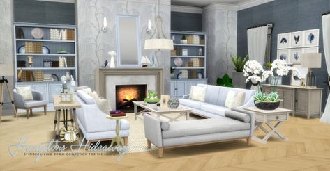 Simsational designs: Hamptons Hideaway  Livingroom Sims 4 Living Room, Interesting Living Room, Living Room Sims 4, Sims 4 House Design, Casas The Sims 4, Sims House Design, Sims 4 Cc Furniture, Sims 4 Houses, Sims House