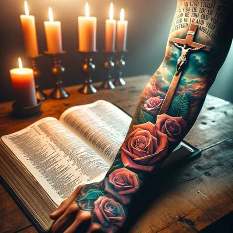 What Does the Bible Say About Tattoos - The Christian POV Bible Themed Tattoos, Andrew Tattoo, Christian Imagery, Think Tattoo, Bible Tattoos, Tattoo Tips, Bible Verse Tattoos, Christian Sleeve Tattoo, Coat Of Many Colors