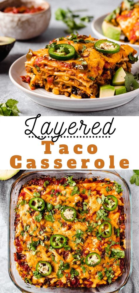 This taco casserole recipe is such a fun and easy way to do taco night! It's made healthy and layered with tortillas, turkey, beans, corn, green chiles, tomatoes and salsa, all topped with plenty of cheese and baked to perfection. This Mexican casserole bake has become a go-to dinner option because my family can’t get enough of it! Add some Mexican rice and guacamole on the side and you’ll have a meal that will earn you rave reviews. Mexican Casserole With Beef Healthy, Taco Layered Casserole, Casserole Dishes Healthy, Meals With Corn Tortillas, Healthy Mexican Casserole Recipes, Healthy Taco Casserole Bake, Taco Enchilada Casserole, Tortilla Mexican Casserole, Ground Chicken Taco Casserole