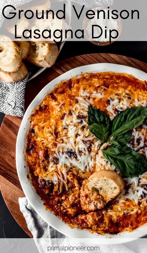 Just in time for championship season, this ground venison lasagna dip is a crowd-pleasing appetizer. Full of your favorite lasagna flavors; it's another easy ground venison recipe! Venison Lasagna, Lasagna Dip, Ground Venison Recipes, Elk Recipes, Deer Recipes, Ground Venison, Deer Meat Recipes, Deer Meat, Venison Recipes