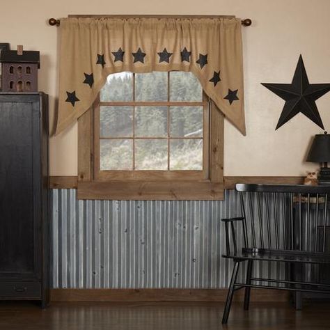 Burlap Natural Black Stencil Star Valance 60" Log Cabin Curtains, Burlap Swag, Black Stencil, Window Swags, Rustic Window Treatments, Swag Curtains, Americana Home, Kitchen Window Curtains, Vhc Brands