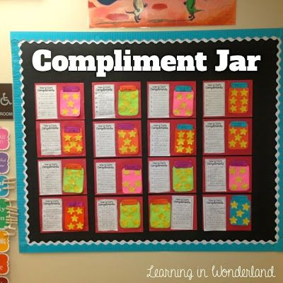 Compliment jars! Compliment Bulletin Board Ideas, Compliment Jar Classroom, Compliment Board Classroom, Compliment Board For Work, Third Grade Bulletin Boards, Compliment Wall, Compliment Board, Compliment Jar, Writing Bulletin Boards