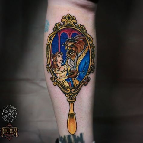 Mirror From Beauty And The Beast, Beauty And The Beast Tattoo, Realism Tattoo, Disney Tattoos, Tattoo Styles, Color Tattoo, Beautiful Tattoos, Beauty And The Beast, Tattoos And Piercings