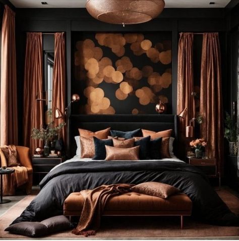 Black And Bronze Bedroom, Bronze Bedroom, Louisiana House, Burgundy Bedroom, Future Bedroom Ideas, House Improvement, Superhero Bedroom, Setting Inspiration, Brown Rooms