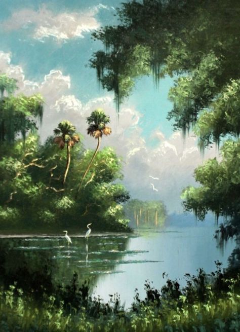 Florida Highway Men Paintings, Highway Men Paintings, Florida Highwaymen Paintings, Florida Landscape Paintings, Wetland Painting, Southern Paintings, Highwaymen Paintings, Tropical Landscape Painting, Florida Oil Painting