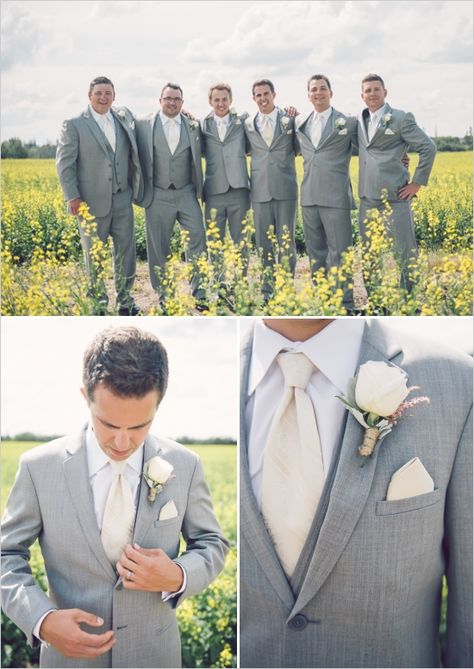 grey and cream groomsmen. Maybe add a mint green colored flower? Cream Groomsmen, Men In Suits, Wedding Groomsmen, Groomsmen Suits, Gray Weddings, Groomsmen Attire, Bridesmaids And Groomsmen, Groom Attire, Wedding Wishes