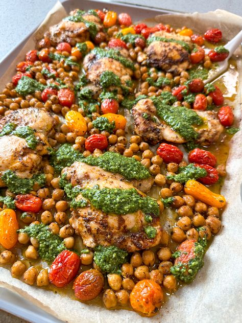 SHEET PAN CHICKEN THIGHS WITH CHERRY TOMATOES, CHICKPEAS, AND PESTO Baked Healthy Recipes, Low Carb Sheet Pan Recipes, Chicken Thigh Lunch Ideas, Jenn Eats Good, Weeknight Dinner Ideas Healthy, September Manifestation, Chicken Thigh Sheet Pan, Sheet Pan Meal Prep, Healthy Sheet Pan Dinners