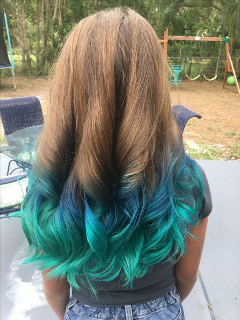 Ombré dark to light blue, mermaid hair! Hair Dipped Ends Blue, Blue And Green Highlights In Blonde Hair, Mermaid Tips Hair, Mermaid Hair Tips, Brown Hair Teal Tips, Fun Hair Color Ideas For Brunettes Ombre Dip Dye, Blue Hair Tips Brown, Colored Ends Of Hair Blonde, Hair Color For Kids Girls Summer