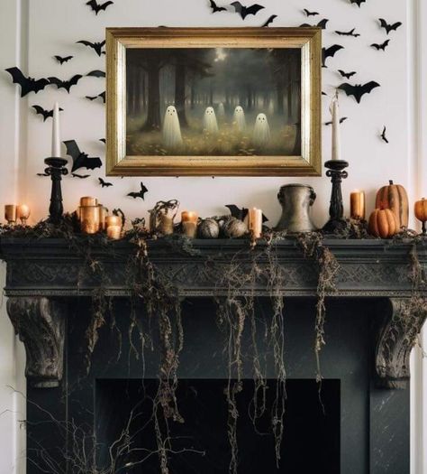 Halloween Bench Decor, Halloween Mantels, Halloween Booth, Halloween Mantel Decor, Halloween Fireplace, Spooky Ideas, Mantel Decor Ideas, Moody Vibes, Craft Halloween