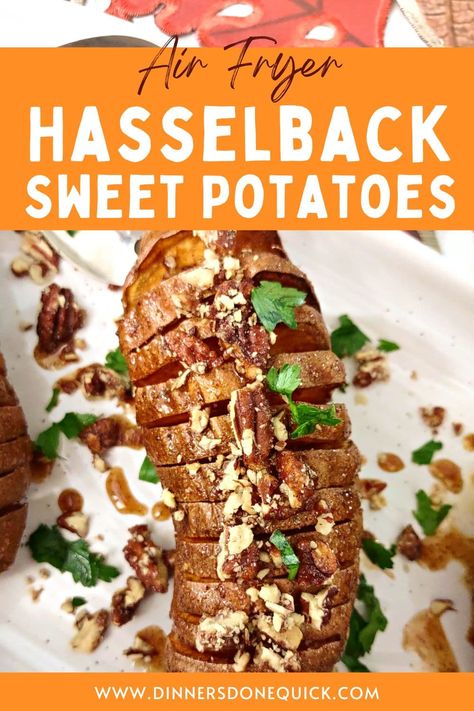 Upgrade your side dish game with these mouthwatering air fryer hasselback sweet potatoes! Crispy on the outside, tender on the inside, and glazed with maple syrup goodness. Plus, don't miss the candied pecans for an extra crunchy touch! 😍 #DinnersDoneQuick #SweetPotatoes #HasselbackSweetPotatoes #HasselbackSweetPotatoesRecipes #HasselbackSweetPotatoesAirFryer #HasselbackMaplePecanSweetPotatoes #RoastedSweetPotatoes #HowtoCookSweetPotatoes #SweetPotatoesRecipes #AirFryerSweetPotatoes Sweet Potatoes Roasted, Hasselback Sweet Potatoes, Potatoes Crispy, Pumpkin Spice Treats, Potatoes Roasted, Potato Slices, Sweet Potato Slices, Maple Pecan, Fall Dinner Recipes