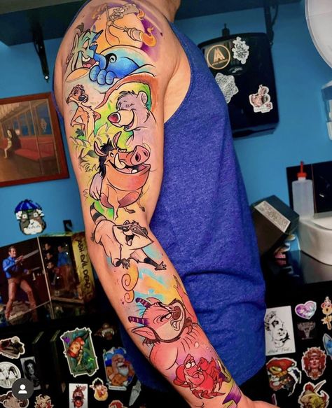 Disney Leg Sleeve Tattoo, Cartoon Sleeve Tattoo, Disney Tattoo Sleeves For Women, Collage Tattoo, Disney Sleeve Tattoos, Disney Sleeve, Bright Tattoos, Celtic Cross Tattoos, 3d Mapping