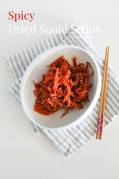 Korean Spicy Dried Squid, Tasty Easy Recipes, Korean Table, Korean Appetizers, My Korean Kitchen, Korean Stir Fry, Dried Squid, Asian Store, Squid Recipes