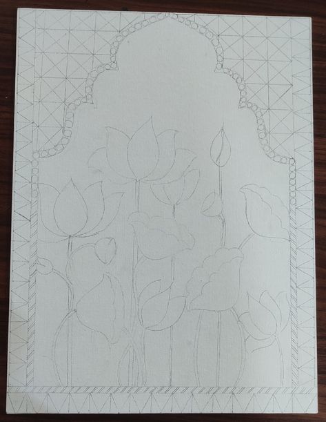 Hand drawn Pichwai painting... Pichwai Outline, Jharokha Template, Pichwai Lotus Sketch Outline, Pichwai Drawing For Tracing, Pichwai Paintings Motifs Printable, Pichwai Sketch, Pichwai Paintings Outline, Pichwai Drawing, Pichwai Elements