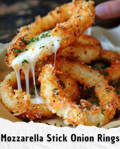 Pesto Dish Recipes | Mozzarella Stuffed Crispy Baked Onion Rings | Facebook Baked Mozzarella Onion Rings, Appitizer Ideas, Fingerfood Ideas, Pesto Dishes, Baked Onion Rings, Baked Onion, Onion Rings Recipe, Mozzarella Recipes, Pellet Grill Recipes