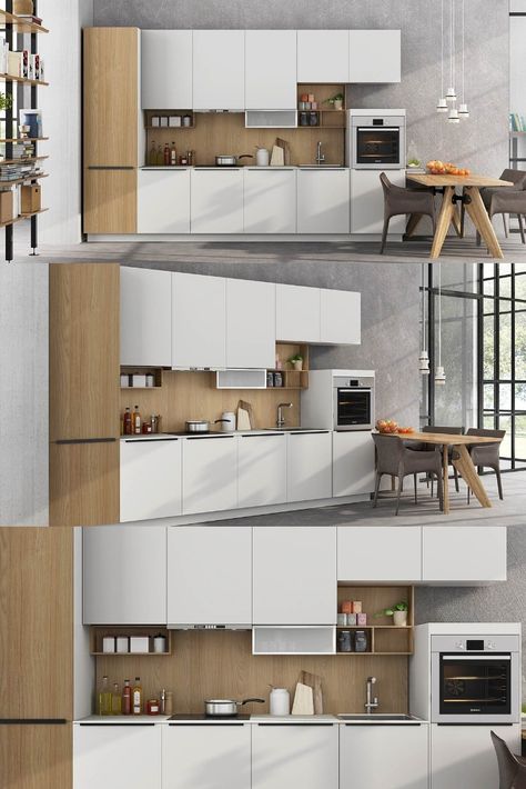 Straight Line Kitchens, Kitchen Ideas Straight Line, One Line Kitchen Layout, Full Wall Kitchen Cabinets Modern, Kitchen Wall Cabinets And Shelves, Kitchen Straight Layout, Single Line Kitchen Design, Straight Kitchen Design Modern, Small Kitchen Single Wall