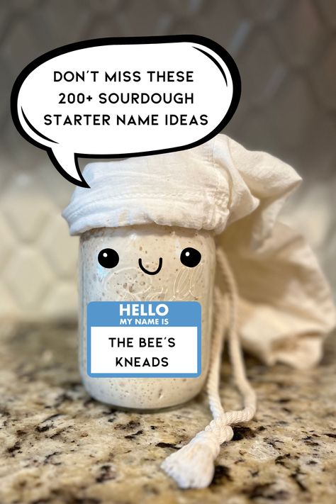 Sourdough starter name ideas. 200+ of the best sourdough starter puns and names for your next starter. Organic Sour Dough Starter, Sourdough Starter Names List, Sourdough Names Ideas, Sourdough Starter Ornament, Funny Sourdough Starter Names, How To Gift Sourdough Starter, Names For Sourdough Starter, Gifting Sourdough Starter, Sourdough Business Names