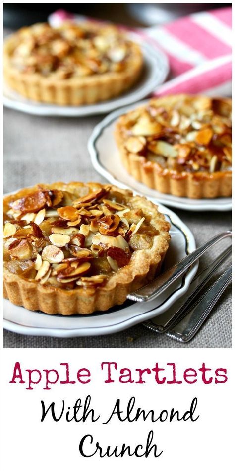 Apple Tartlets with an Almond Topping Sweet Tartlets Recipe, Tart Dish Recipes, Apple Almond Tart Recipe, Fall Tarts Mini, Apple Crisp Tarts, Fall Tartlets, Apple Tart Recipe Mini, Mini Apple Tarts Recipe Easy, Tart Fillings Ideas