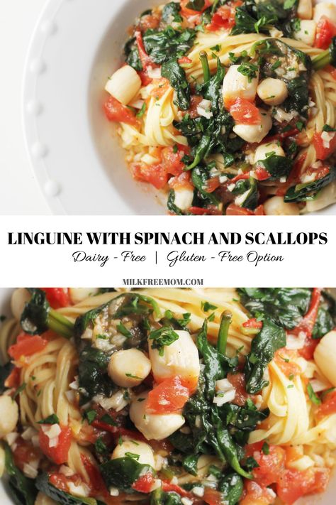 Scallop Pasta Dairy Free, Dairy Free Scallops Recipe, Dairy Free Scallops, Scallop Linguine Recipes, Dairy Free Seafood Recipes, Bay Scallops Dinner Ideas, Bay Scallops And Pasta, Bay Scallop Pasta, Pasta Monday