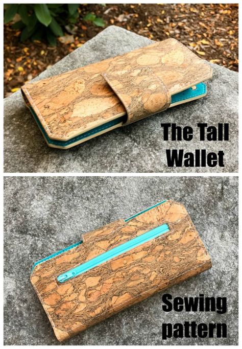 Sewing pattern for a cork wallet. Tall Wallet sewing pattern using non-fraying fabrics such as cork, leather or vinyl. Sew this smart wallet today. A great project for a confident beginner and those looking to sew with cork. Lots of spaces in this DIY wallet pattern for your cards, cash, coins and ID. Cork wallet sewing pattern. #SewModernBags #WalletSewingPattern #SewAWallet #CorkSewingPattern #SewingWithCork Vinyl Wallet Pattern, Faux Leather Wallet Pattern Free, Free Leather Wallet Pattern, Cork Bag Patterns, Cork Wallet Pattern Free, Sewing With Cork Fabric, Wallet Diy Pattern, Faux Leather Crafts Diy, Leather Wallet Pattern Free