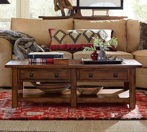 Southwest Christmas Decor, Mahogany Living Room, Christmas Decor Living Room, Southwest Christmas, Coffee Table Pottery Barn, Lodge Furniture, Mahogany Coffee Table, Rustic Living Room Furniture, Modern Rustic Living Room