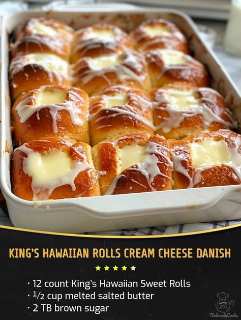 Easy and tasty recipes | KING'S HAWAIIAN ROLLS CREAM CHEESE DANISH | Facebook Kings Hawaiian Rolls Cream Cheese Danish, Hawaiian King Roll Recipes, King Hawaiian Cheesecake Danish, Cream Cheese Hawaiian Rolls, Easy Danish Recipe, Hawaiian Roll Recipes, Cream Cheese Danish Recipe, Hawaiian Buns, Cheese Danish Recipe