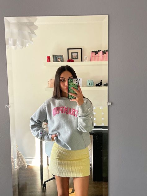 cute casual outfit: yellow cord pencil skirt and grey champion crewneck sweatshirt with pink writing Cute Casual Outfit, Outfit Yellow, Pink Writing, Champion Crewneck, Cute Casual Outfits, Casual Outfit, Fashion Inspo Outfits, Crewneck Sweatshirt, Pencil Skirt