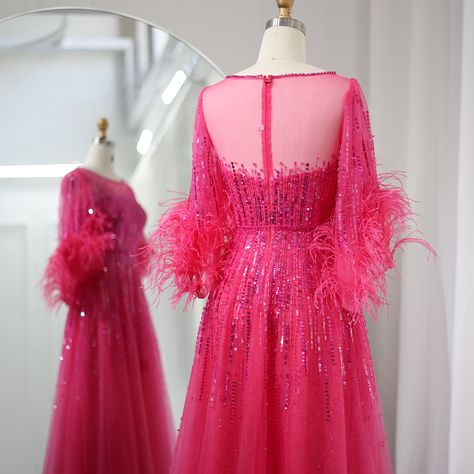 SS339 Dreamy Vow Luxury Feathers Black Dubai Evening Dresses for Women Elegant Fuchsia Arabic Half Sleeve Wedding Party Dress Opulent Fashion, Orange Evening Dresses, Dubai Evening, Dresses In Black, Yellow Evening Dresses, Dubai Design, Silver Evening Dress, Purple Evening Dress, Champagne Evening Dress