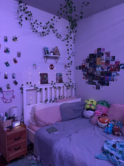 room inspo, dorm inspo, bedroom aesthetic, fairy light aesthetic, led light aesthetic Purple Room Lights, Lavender Aesthetic Room Decor, Light Purple Walls Bedroom Ideas, Room Inspo Aesthetic Purple, Room Inspo Purple Walls, Purple Cottagecore Bedroom, Lavendar Bedroom Aesthetic, Pastel Purple Room Aesthetic, Purple Room Wall